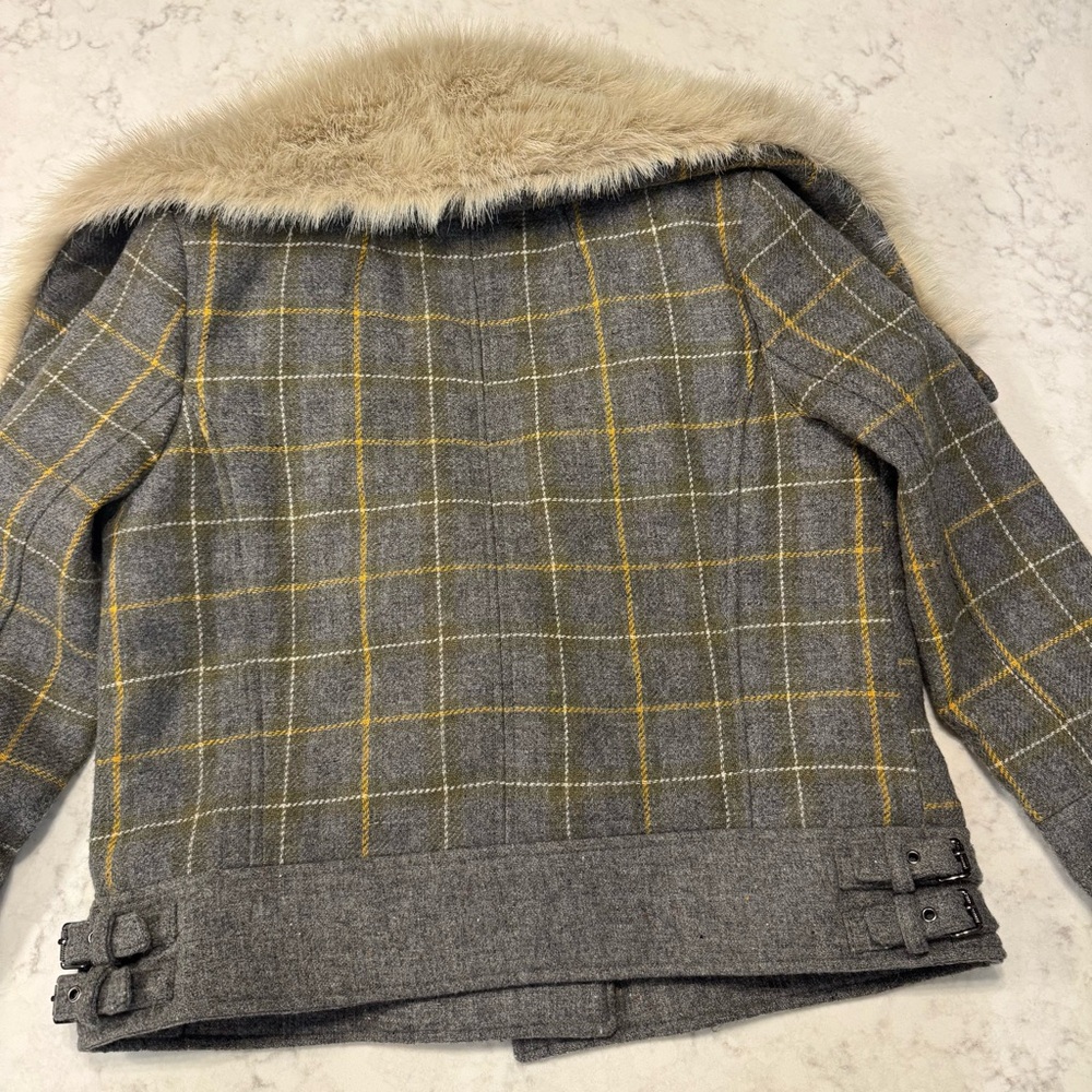 Banana Republic Gray Plaid Wool Moto Jacket with Faux Fur Collar – Size M Petite - Picture 11 of 11